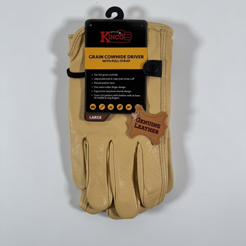 KINCO Full Grain‎ Cowhide Driver w/ Pull-Strap Gloves Large Work Durable #99 NEW